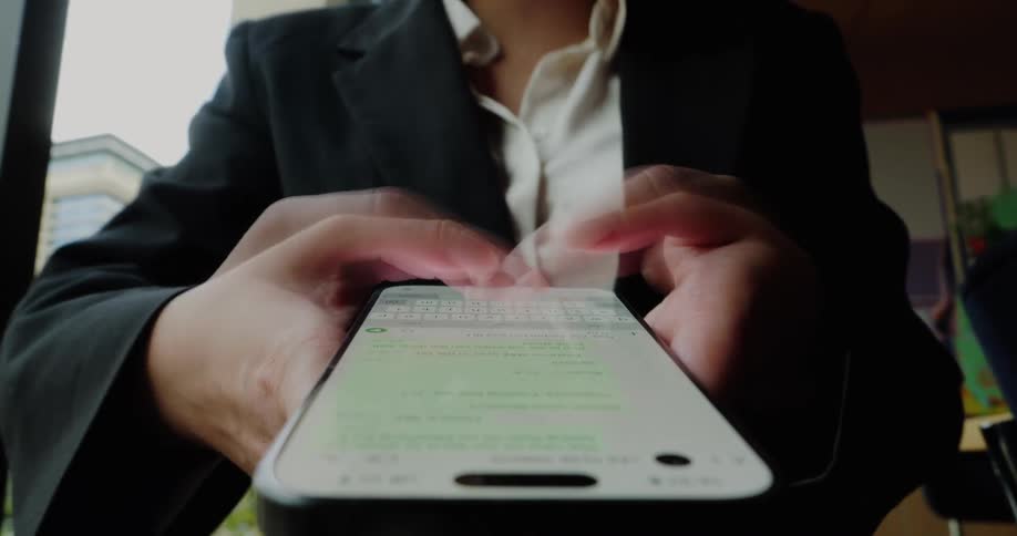 Closeup of a woman in a business suit typing on a smartphone