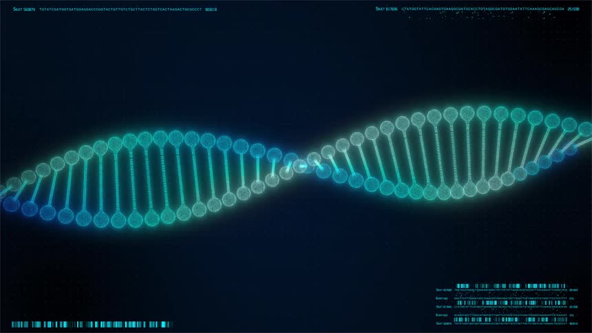 A digital rendering of a glowing blue and teal dna double helix is overlaid with genomic sequence data and binary code conveying scientific analysis and technological complexity against a dark data screen background