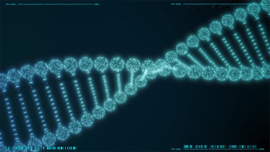 A dynamic digital visualization of a dna double helix forms from a cloud of glowing blue and teal particles on a dark background the helix slowly rotates and moves across the screen surrounded by lines of genetic code data