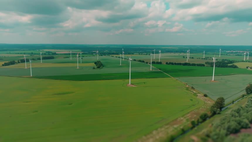 A vast rolling rural landscape dominated by large agricultural fields of various greens and yellows where a significant number of tall white wind turbines stand dispersed across the terrain illustrating a largescale wind farm under a cloudy blue sky