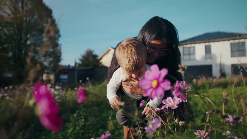 A woman wearing dark clothes and glasses is holding a small baby boy in a sunny field full of pink cosmos flowersthe woman smiles down at the baby who is intently focused on the flowers in front of them with residential houses visible in the blurre