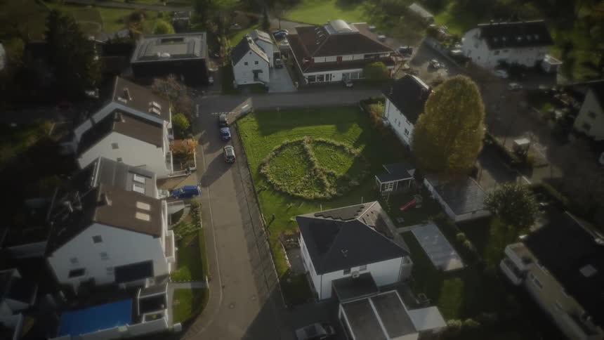 An aerial shot reveals a suburban neighborhood with a large peace sign designed into the grass of a backyard garden