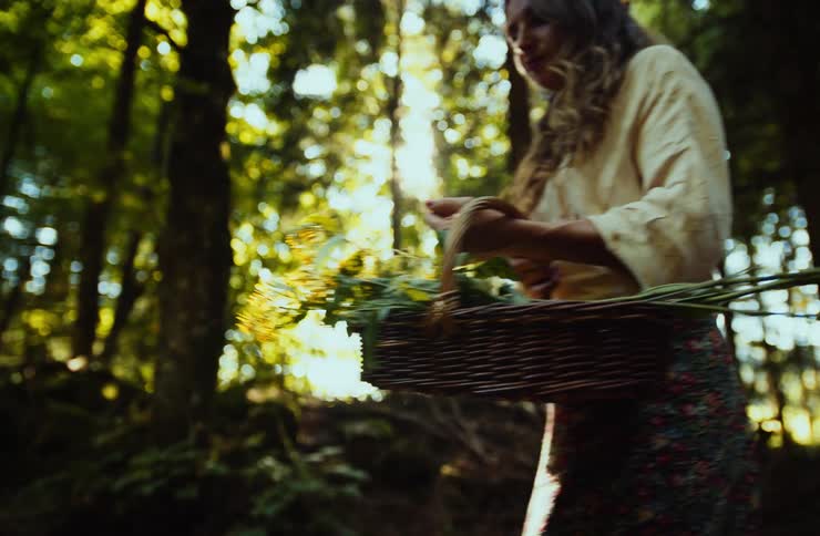 Woman carrying a basket with flowers and leaves in a forest area