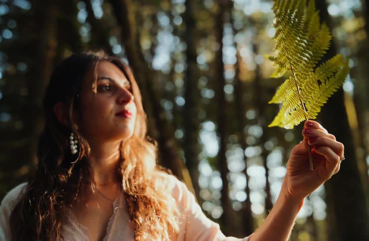 Woman observing a sunlit fern leaf inside the forest
