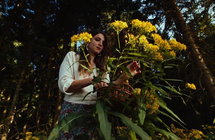 A young woman stands among tall plants with bright yellow flowers in a dark forest setting carefully picking the blooms and placing them into a woven basket held at her waist
