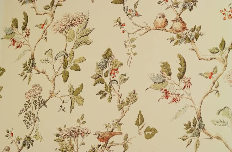 Wallpaper pattern illustrated with branches leaves and small birds