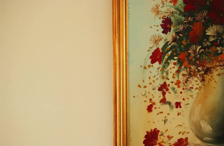 A vertical still life painting of a vase of red and orange flowers in a thick golden frame is partially visible against a plain cream colored wall