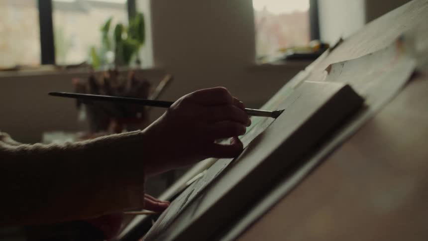 Closeup of an artists hands painting a canvas on an easel in a studio