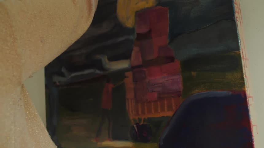 Arm raised in front of abstract painting with red structure under dark sky and greenish landscape