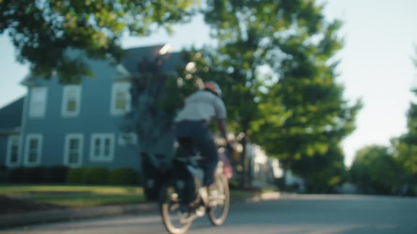 Cyclist riding through a residential neighborhood lit by morning light