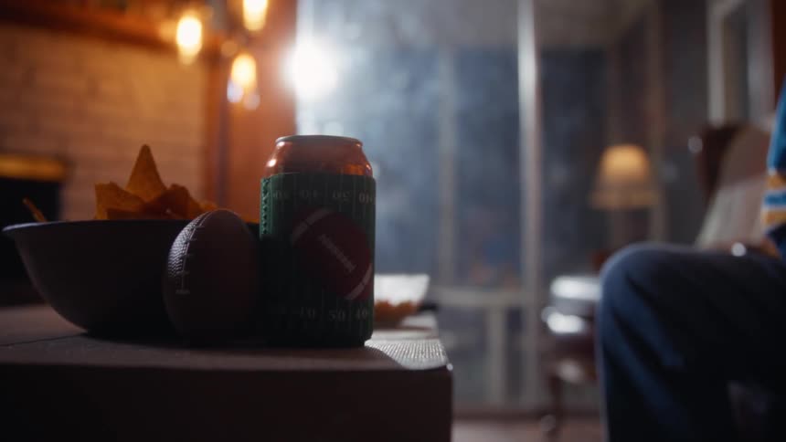 A bowl of chips a mini football and a drink sit on a table near a fan wearing a jersey