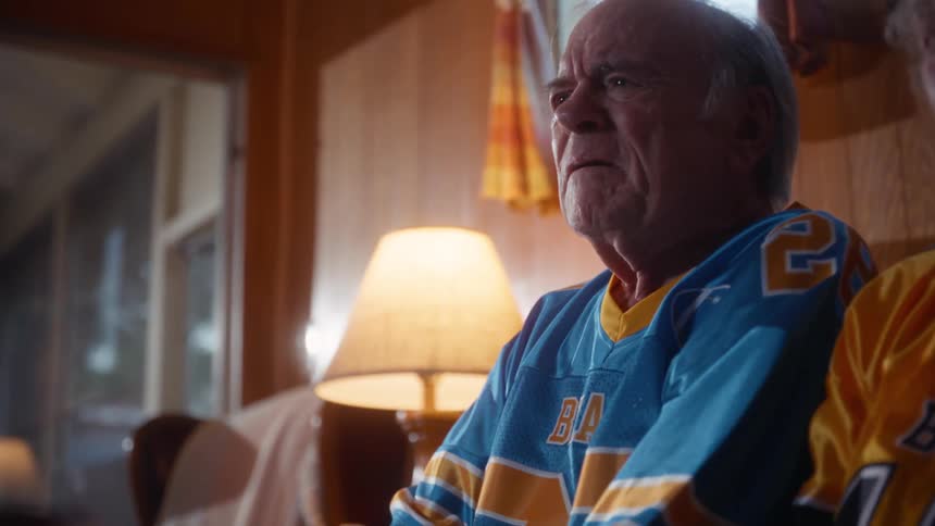 A couple wearing matching yellow and blue sports jerseys sit on a leather couch watching television while the man gets upset and reacts strongly to the game