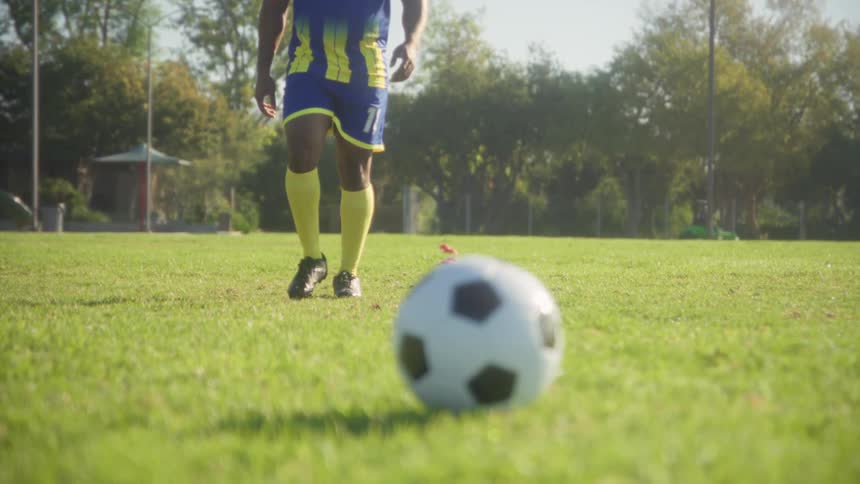 A soccer player wearing a blue and yellow uniform walks slowly toward the camera and a soccer ball placed close to the foreground standing ready to kick the ball on a grassy field in a park setting