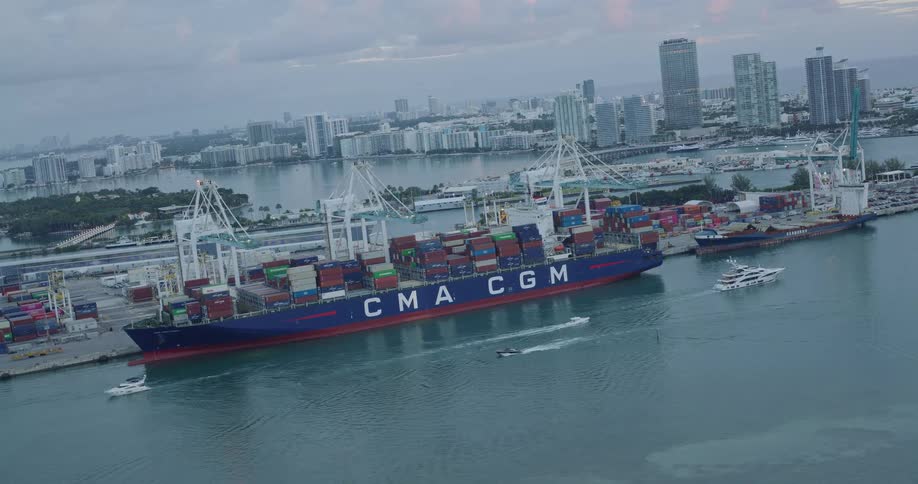 Container ship docked at a terminal surrounded by smaller vessels and coastal buildings