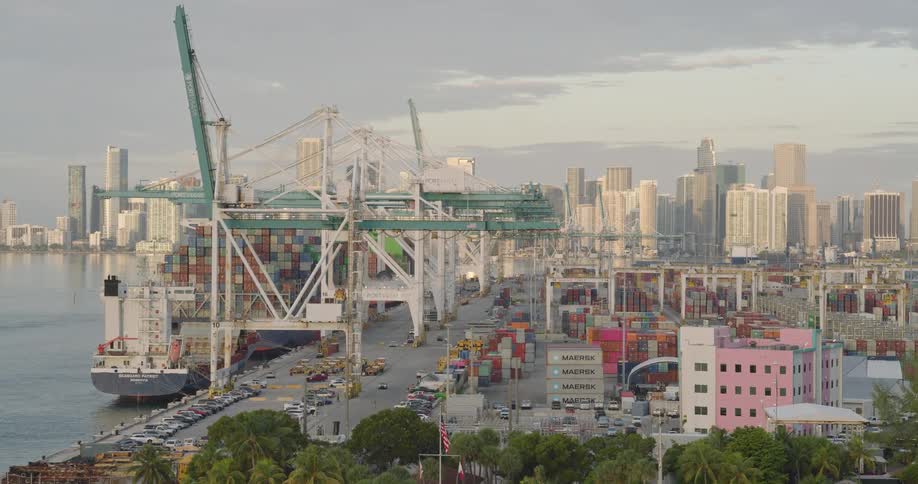 Container terminal with cranes handling containers in front of the urban skyline