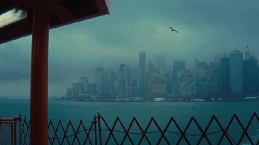 A view from a ferry railing shows a seagull flying over dark water toward a hazy city skyline under a heavy gray sky