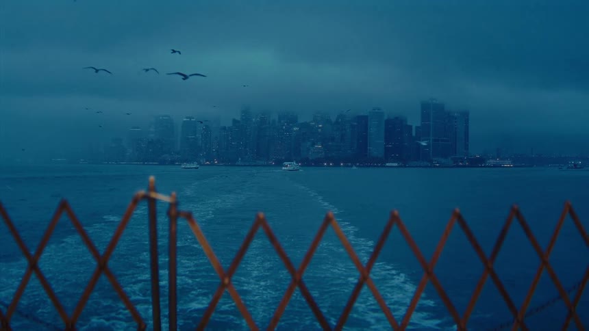 A dark blue water view from behind a diamond patterned fence shows a hazy city skyline on the horizon with seagulls flying under a dark cloudy sky