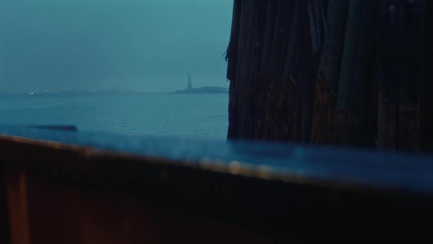 A dark moody longdistance view of the statue of liberty is seen across a body of water framed by dark wood in the foreground
