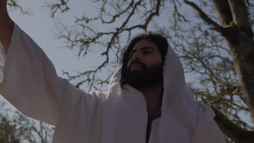 Bearded man wearing a light robe and hood raising his arm in a wooded area