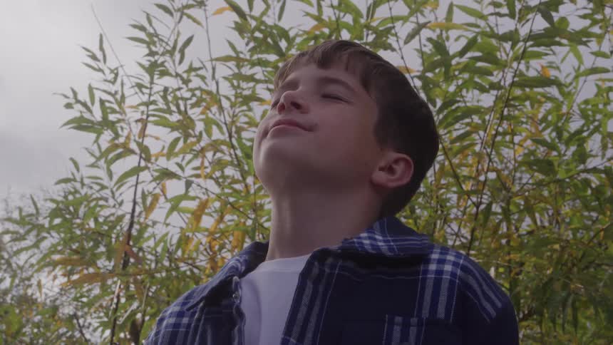Boy stands with closed eyes near a plant in the autumn on an overcast day
