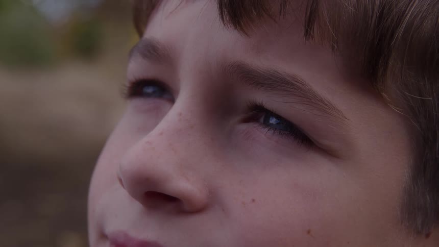 A close view of a young boys face with light blue eyes and freckles looking up with a soft expression outdoors