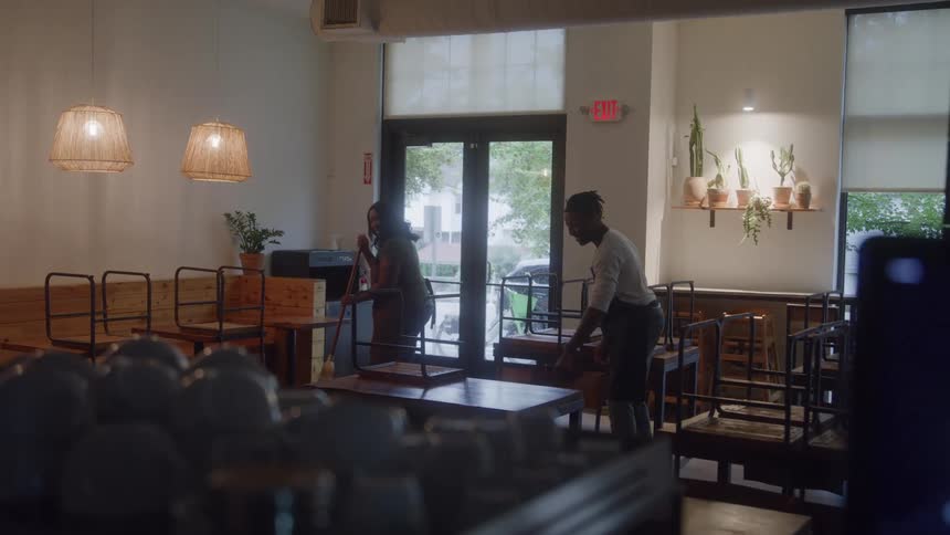 Two employees a man and a woman are working together to clean and arrange furniture including tables and chairs inside a bright modern coffee shop with decorative shelves and large front doors