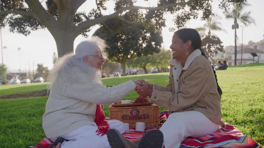 An elderly woman with long white hair and a younger woman are seated facetoface on a striped blanket in a sunlit grassy park holding hands and sharing a warm smiling moment over a picnic basket with a large tree visible on the background