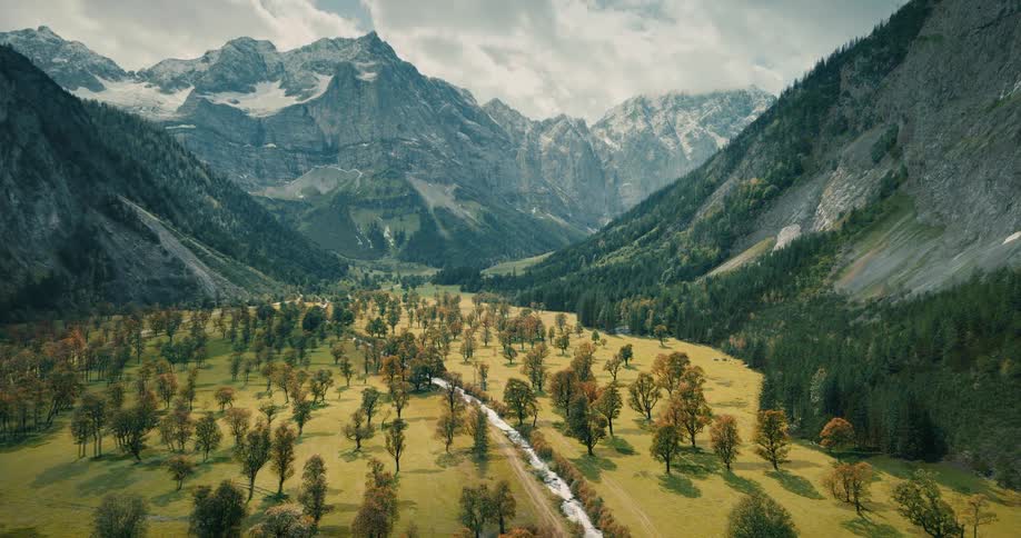 An aerial timelapse shot shows a wide alpine valley floor with numerous evenly spaced trees running between steep imposing mountain peaks as the foliage rapidly changes from the bright green of summer to the rich browns and golds of autumn