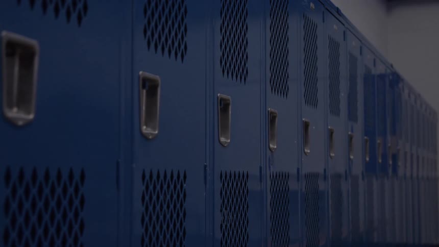 A long row of metal blue lockers in a room