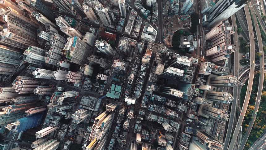 Looking down at a large city