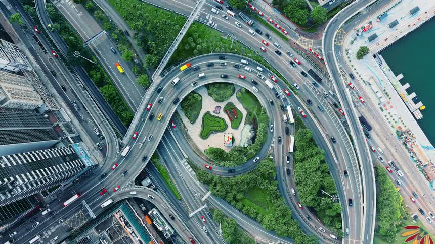 Looking down at a busy highway