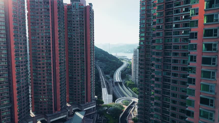 Tall apartment buildings fill the city