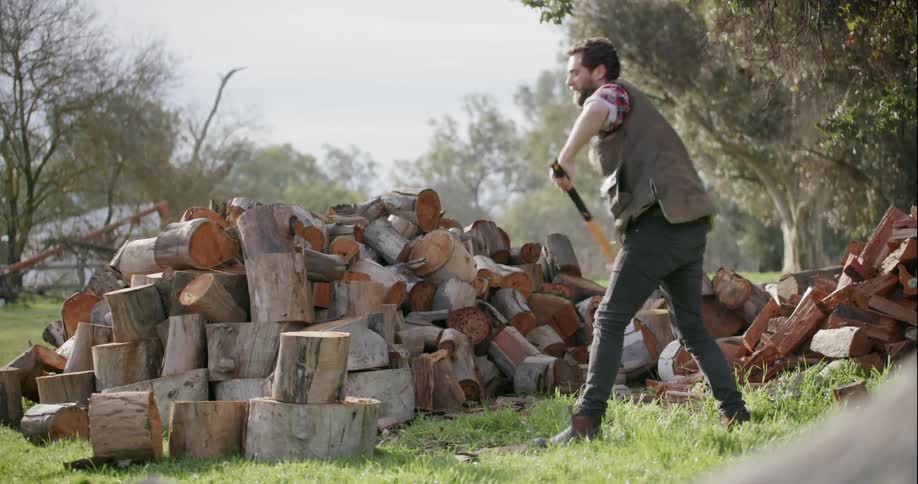Man chopping wood on sunny day