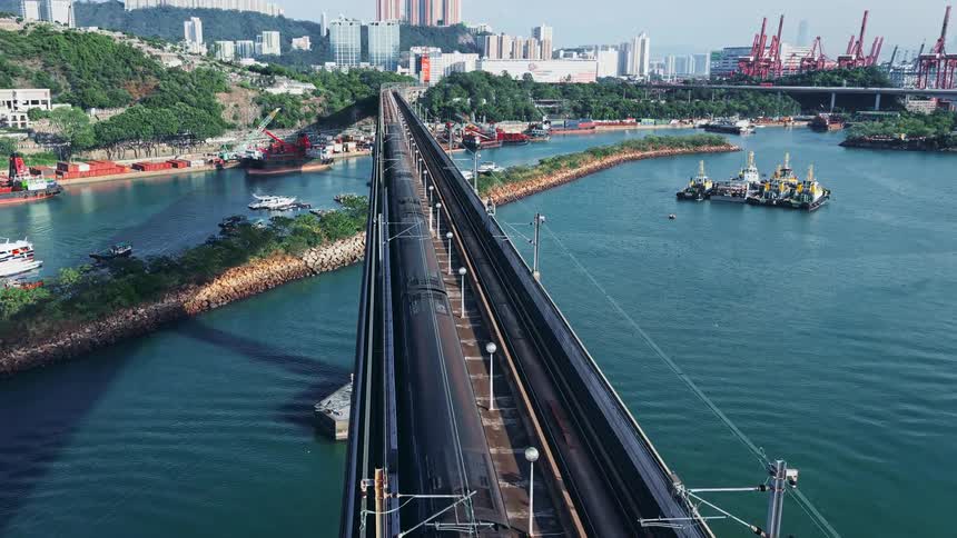 Train on an elevated track crossing a port area with boats and buildings in the background