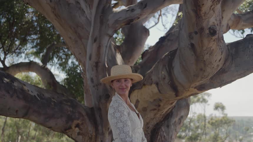 A woman in a straw hat stands quietly beside a massive gnarled tree in a sunlit forest