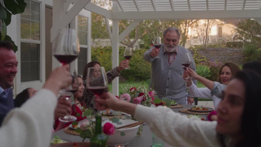 A family gathered around a dining table all raise their glasses to toast