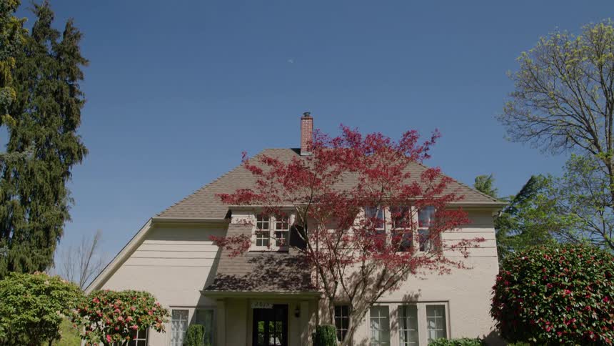 A house has a well kept lawn and trees surrounding it