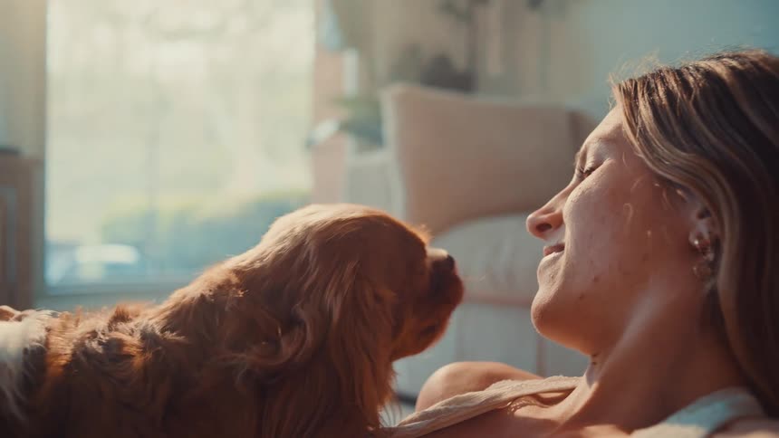 A smiling woman cuddles with her cavalier king charles spaniel as it licks her face in a sunlit room