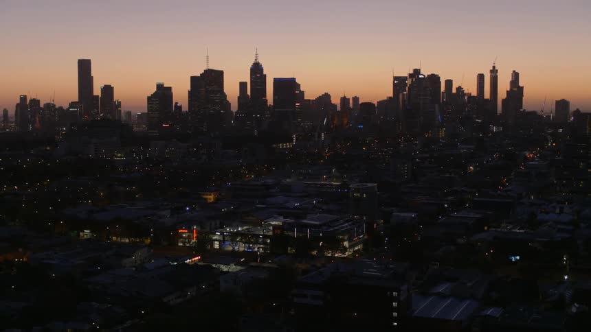 A city skyline at sunset