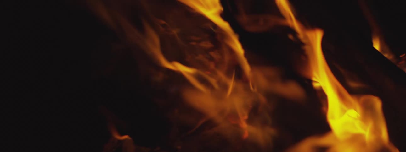 A close abstract view of vibrant yellow and orange flames flickering across dark wood in a warm and intense campfire