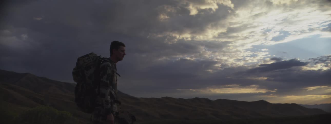 Man with a hiking backpack standing before rolling hills at dusk under a cloudy sky