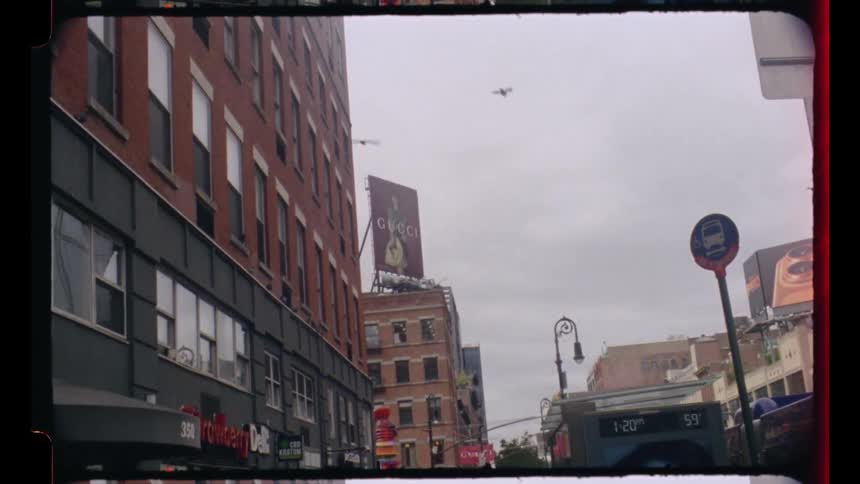 Birds fly past the buildings in the city