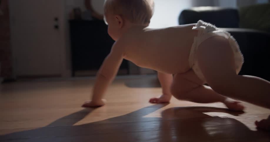 A baby crawls toward two plush toys knocking one under a nearby couch as they move forward