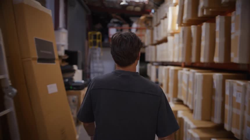 A man walks away from the camera down a narrow aisle between tall shelving units stacked high with uniform cardboard boxes in a dimly lit warehouse or storage facility