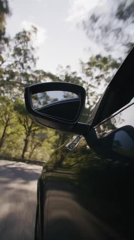 Black car side mirror reflecting trees with a sun flare appearing beside the door