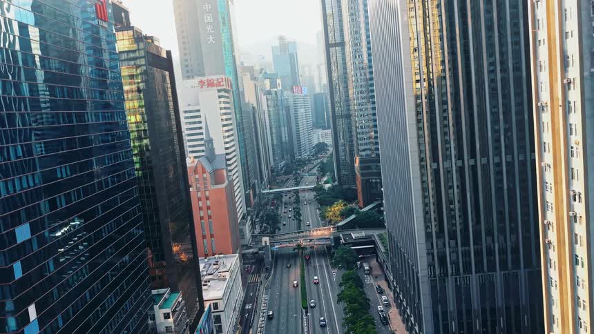 Downtown Business Area with Skyscrapers and Cars on the Road