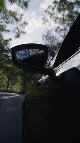Black car side mirror reflecting trees as the vehicle moves along a shaded road
