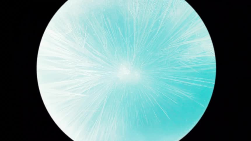 A microscopic topdown view shows jagged white ice crystals rapidly crystallizing and expanding outward across a circular blue liquid surface set against a black void