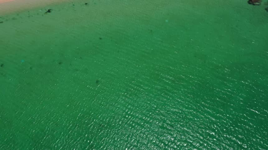A highangle aerial drone shot looks straight down onto the shimmering textured surface of turquoise ocean water gently rippling near the shore