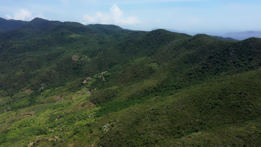 Rolling green mountains covered in thick forest extend into the horizon under a bright blue sky